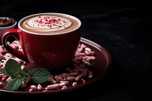 AI generated Peppermint mocha, close-up of mint seasonal drink of chocolate and coffee in a red mug photo