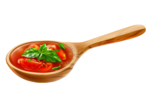 ai generado Fresco tomate y albahaca en de madera cuchara png