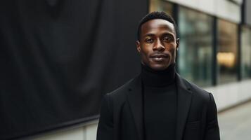 AI generated Confident successful afro american man in black suit outdoors looking at camera photo