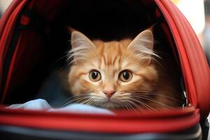 ai generado animal transporte, de cerca de un linda mascota jengibre gatito echar un vistazo fuera de un que lleva caja foto