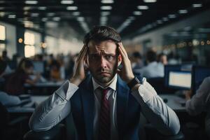 AI generated Upset dazed office worker suffering from headache sitting at workplace. Front view of a tired man holding his head in office photo