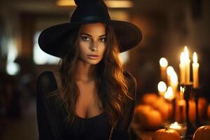 AI generated Halloween, sexy charming young woman in witch hat and black dress with pumpkins and candles indoors looking at camera photo