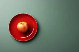 AI generated Diet concept. Top view one apple on a plate, copy space banner photo