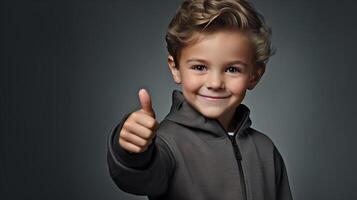 AI generated Portrait of happy smiling Caucasian child boy showing finger gesture like or ok while standing on background photo