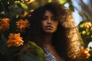 ai generado bonito hermosa joven africano americano mujer modelo posando en flor jardín al aire libre foto