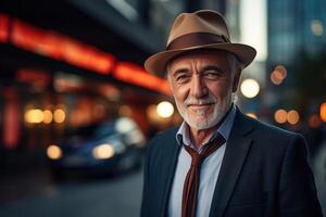 ai generado sonriente mayor hombre abuelo Caballero en un elegante traje y sombrero en un ciudad calle mirando a cámara, Copiar espacio foto