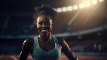 ai generado fuerte atlético africano americano mujer corredor formación en interior estadio foto