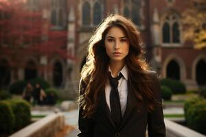 AI generated Portrait of a young woman student in preppy aesthetic style standing against background of academy outdoors, looking at camera photo