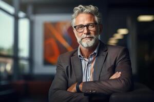 AI generated Senior manager or business owner in a meeting room. Portrait of businessman in office, middle-aged man in a suit folding his hands and looking at camera photo