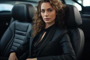 AI generated Female business portrait, confident arrogant Caucasian woman in a suit sitting in an expensive car photo