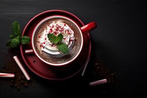 AI generated Peppermint mocha, mint chocolate and coffee drink in a red mug on a dark background, top view photo