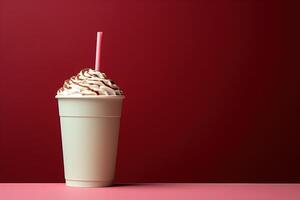 ai generado menta moca, chocolate y café bebida en un desechable blanco taza con un Paja en un rojo antecedentes con Copiar espacio foto