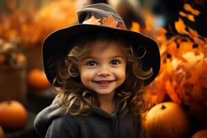 ai generado para niños retrato de un linda caucásico niña en un bruja disfraz y un negro sombrero con calabazas al aire libre en un otoño día mirando a cámara. Víspera de Todos los Santos fiesta concepto foto