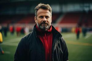 ai generado masculino fútbol americano instructor a equipo formación a un al aire libre estadio, retrato de un fútbol entrenador en Deportes suelo foto