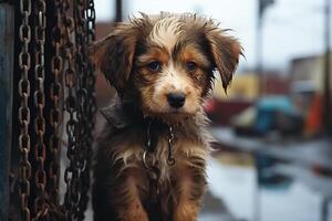 AI generated Pathetic lonely sad wet puppy on a chain, dirty complaining pet dog outdoors photo