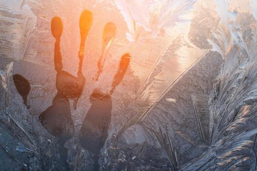Handprint on frozen glass, copy space. Frosty patterns on the window, ice texture. Cold weather concept photo