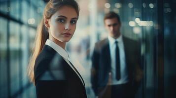 AI generated Businesswoman or secretary in office and a man in a suit on bokeh background, copy space photo