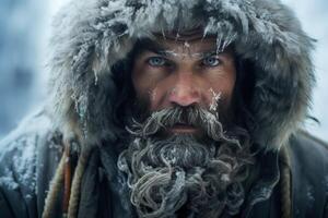 ai generado polar explorador, retrato de grave adulto barbado congelado masculino viajero en norte foto