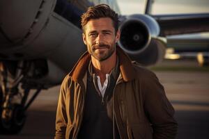 AI generated Portrait of a handsome adult smiling civil aviation pilot standing against background of an airplane outdoors photo
