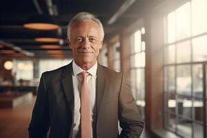 AI generated Cheerful smiling senior man in a suit standing in an office, manager or businessman photo