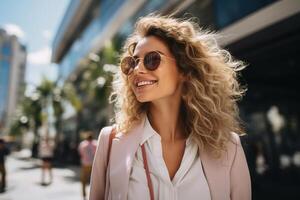 AI generated Lifestyle, happy stylish pretty woman walking on street on a sunny day looking away, smiling young curly woman wearing sunglasses photo