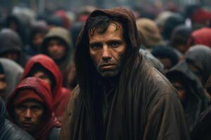 AI generated Portrait of an adult sad poor man of eastern nationality in a crowd of refugee people outdoors. Emigration, migrants are a social problem photo