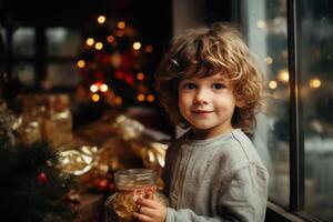 AI generated Xmas morning, happy new year concept. Portrait of cute baby caucasian boy holding Christmas present indoors near decorated tree while looking at camera photo