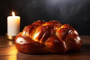 AI generated Close-up of Challah food Hanukkah bread decorated with grains and candle on the table, side view. photo