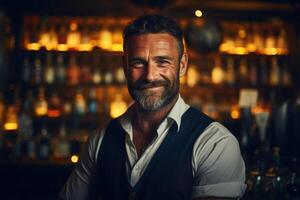 AI generated Smiling handsome middle-aged man bartender standing at bar and looking at camera. Portrait owned pub photo