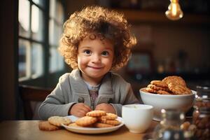 ai generado linda positivo caucásico lanudo pequeño chico a mesa con galletas y Leche en cocina en Mañana. niños desayuno concepto foto