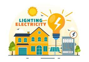 Lighting and Electricity Vector Illustration with Lamp and Energy Maintenance Service Panel Cabinet of Technician Electrical Work on Flat Background