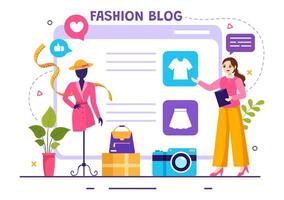 Moda Blog vector ilustración con bloggers revisión videos de de moda ropa tendencias y correr en línea en plano dibujos animados antecedentes estilo