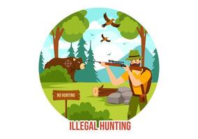 Illegal Hunting Vector Illustration by Shooting, Taking Wild Animals and Plants to Sell in Flat Cartoon Background Design