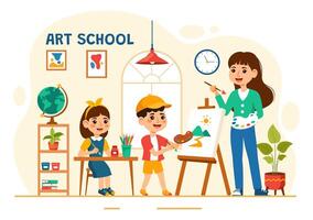 Art School Vector Illustration with Kids of Painting with Live Model or Object using Tools and Equipment in Flat Cartoon Background Design