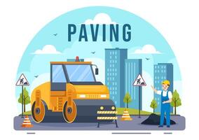 Paving Vector Illustration with Road Construction and Highway Maintenance Workers Working on Asphalt Roads with Drilling Machine in Flat Background