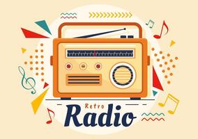 Retro Radio Vector Illustration with Player Style for Record, Old Receiver, Interviews Celebrity and Listening to Music in Flat Cartoon Background