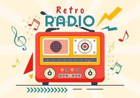 Retro Radio Vector Illustration with Player Style for Record, Old Receiver, Interviews Celebrity and Listening to Music in Flat Cartoon Background