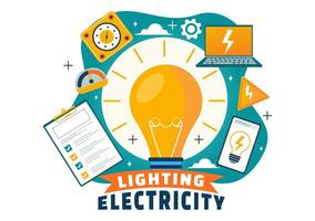 Lighting and Electricity Vector Illustration with Lamp and Energy Maintenance Service Panel Cabinet of Technician Electrical Work on Flat Background