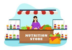 Nutrition Store Vector Illustration with Dietary Supplement of Vitamins and Minerals such as Fresh Fruit or Vegetables in Flat Cartoon Background