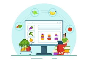 Nutrition Store Vector Illustration with Dietary Supplement of Vitamins and Minerals such as Fresh Fruit or Vegetables in Flat Cartoon Background