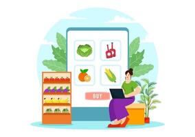 en línea tienda de comestibles Tienda vector ilustración con comida producto estantes, bastidores lácteos, frutas y bebidas para compras orden vía teléfono en antecedentes