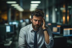 AI generated Lonely tired desperate office worker at workplace suffering from headache, man holding head indoors and looking at camera at night. Overtime, deadline photo