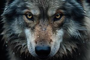 AI generated Wild animal theme. Front view portrait of wolf looking at camera, close-up muzzle predator rainy day photo