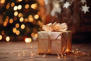 ai generado envuelto dorado regalo caja en guirnalda bokeh antecedentes. festivo sorpresa, Navidad concepto foto