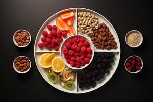 AI generated Top view plate with nuts and berries. Healthy eating, diet, veganism concept photo