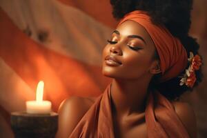 AI generated Spa, young beautiful African American woman with closed eyes enjoying aromatherapy photo