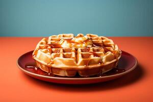 AI generated Viennese waffle with syrup on a plate, minimalism photo