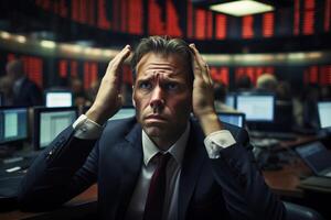 AI generated Upset trader broker holding his head on stock exchange. Economic crisis, trading falling stock prices photo