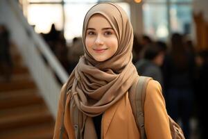 ai generado retrato de un hermosa sonriente musulmán hembra estudiante en un tradicional hijab tocado con un mochila en pie adentro y mirando a cámara foto