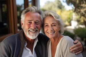 ai generado retrato de sonriente mayor hombre marido abrazando su esposa juntos al aire libre. contento mayor casado Pareja en patio interior de casa foto